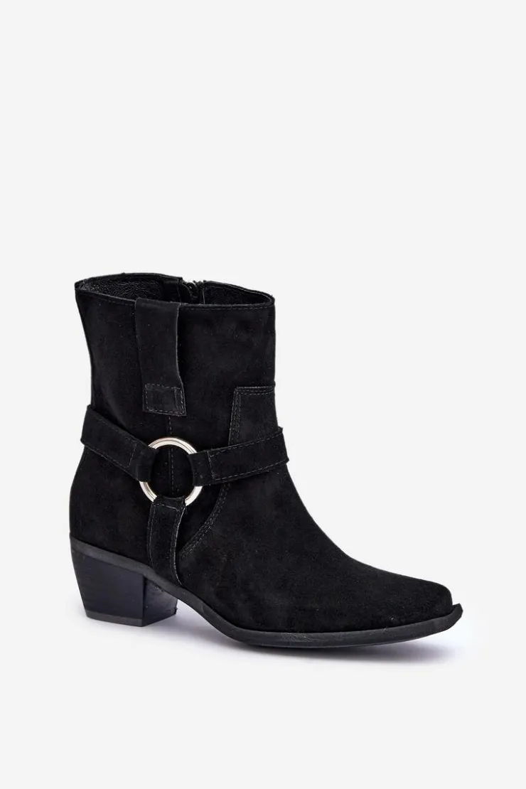 Best Zazoo Botki Z Naturalnego Zamszu Na Obcasie 3444/2 Czarne Czarny