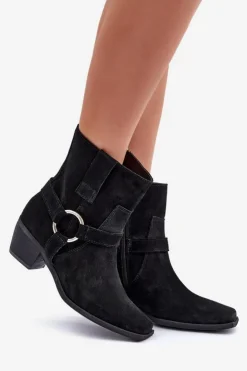 Best Zazoo Botki Z Naturalnego Zamszu Na Obcasie 3444/2 Czarne Czarny