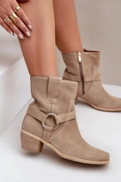 Zazoo Botki Na Słupku|Brązowe I Beżowe Botki*Botki Z Naturalnego Zamszu Na Obcasie 3444/2 Jasnobeżowe Beżowy