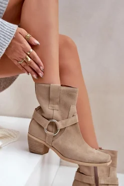 Zazoo Botki Na Słupku|Brązowe I Beżowe Botki*Botki Z Naturalnego Zamszu Na Obcasie 3444/2 Jasnobeżowe Beżowy