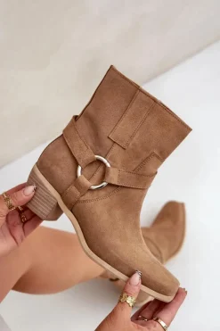 Damskie Zazoo Botki Z Naturalnego Zamszu Na Obcasie 3444/2 Beżowe