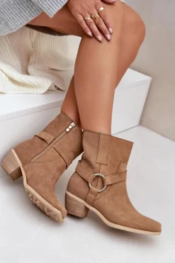Damskie Zazoo Botki Z Naturalnego Zamszu Na Obcasie 3444/2 Beżowe