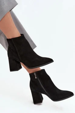 Discount Zazoo Botki Z Naturalnego Zamszu Obcas Słupek Ocieplane Czarne 3128 Czarny