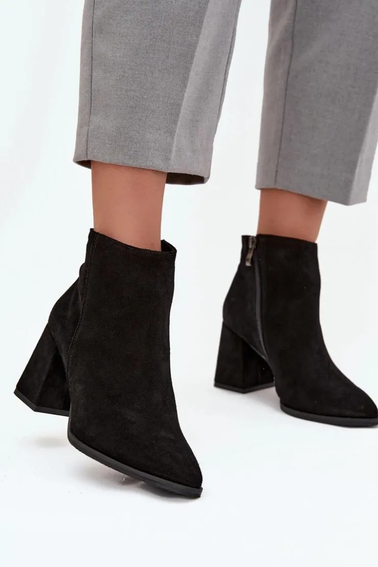 Discount Zazoo Botki Z Naturalnego Zamszu Obcas Słupek Ocieplane Czarne 3128 Czarny