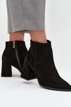 Discount Zazoo Botki Z Naturalnego Zamszu Obcas Słupek Ocieplane Czarne 3128 Czarny