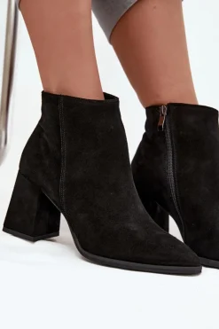 Discount Zazoo Botki Z Naturalnego Zamszu Obcas Słupek Ocieplane Czarne 3128 Czarny