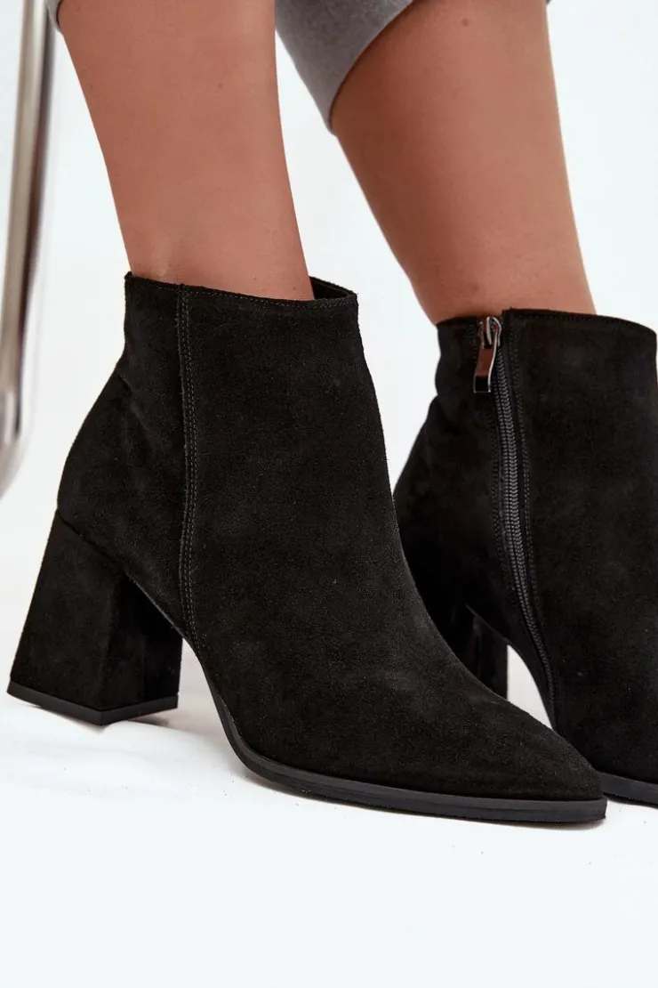 Discount Zazoo Botki Z Naturalnego Zamszu Obcas Słupek Ocieplane Czarne 3128 Czarny