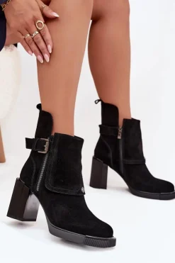 Buty damskie Vinceza Botki Ocieplane|Botki Skórzane*Botki Z Naturalnego Zamszu Na Słupku Z Klamrą Vinceza 91152 Czarne Czarny