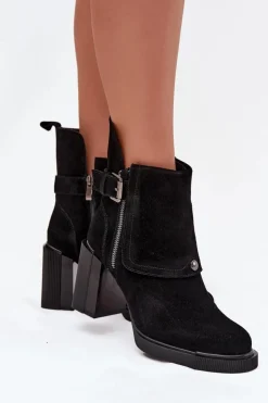 Buty damskie Vinceza Botki Ocieplane|Botki Skórzane*Botki Z Naturalnego Zamszu Na Słupku Z Klamrą Vinceza 91152 Czarne Czarny