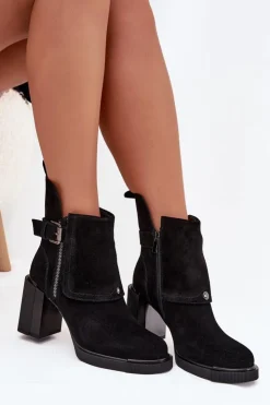 Buty damskie Vinceza Botki Ocieplane|Botki Skórzane*Botki Z Naturalnego Zamszu Na Słupku Z Klamrą Vinceza 91152 Czarne Czarny