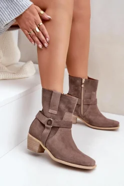 Damskie Zazoo Botki Z Naturalnego Zamszu Na Obcasie 3444/2 Brązowe