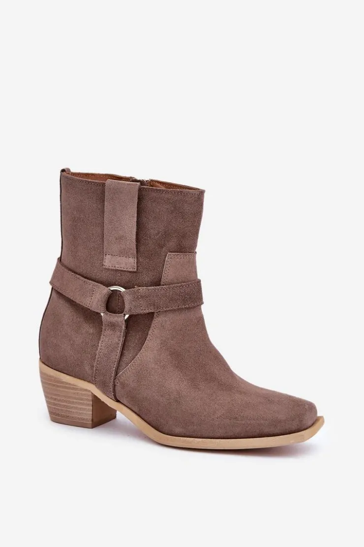 Damskie Zazoo Botki Z Naturalnego Zamszu Na Obcasie 3444/2 Brązowe