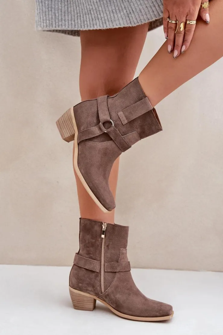 Damskie Zazoo Botki Z Naturalnego Zamszu Na Obcasie 3444/2 Brązowe