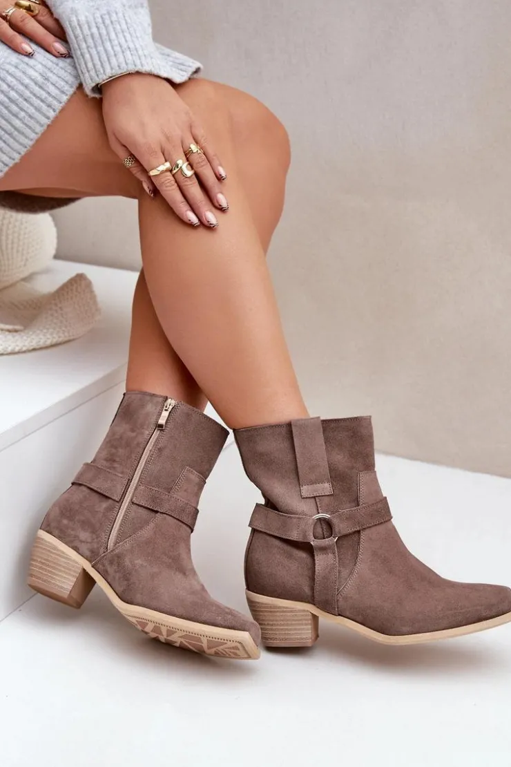 Damskie Zazoo Botki Z Naturalnego Zamszu Na Obcasie 3444/2 Brązowe