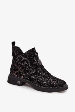 D&A Czarne Botki|Botki Na Obcasie*Botki Z Naturalnego Zamszu Na Niskim Obcasie CR52-713 Czarno-Brązowe