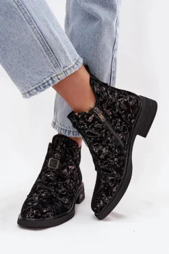 D&A Czarne Botki|Botki Na Obcasie*Botki Z Naturalnego Zamszu Na Niskim Obcasie CR52-713 Czarno-Brązowe