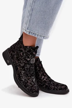 D&A Czarne Botki|Botki Na Obcasie*Botki Z Naturalnego Zamszu Na Niskim Obcasie CR52-713 Czarno-Brązowe