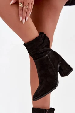 Zazoo Botki Ocieplane|Botki Skórzane*Botki Z Naturalnego Zamszu Ocieplane Na Słupku Z Marszczeniem 4216 Czarne Czarny