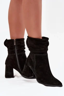 Zazoo Botki Ocieplane|Botki Skórzane*Botki Z Naturalnego Zamszu Ocieplane Na Słupku Z Marszczeniem 4216 Czarne Czarny