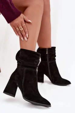 Zazoo Botki Ocieplane|Botki Skórzane*Botki Z Naturalnego Zamszu Ocieplane Na Słupku Z Marszczeniem 4216 Czarne Czarny