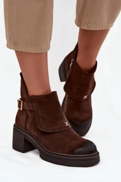 Zazoo Botki Skórzane|Botki Na Słupku*Botki Z Naturalnego Zamszu Ocieplane 1156 Czekoladowe