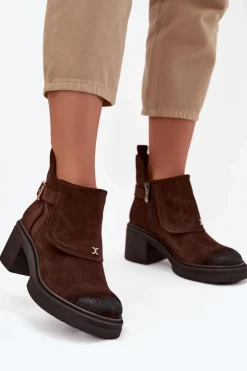 Zazoo Botki Skórzane|Botki Na Słupku*Botki Z Naturalnego Zamszu Ocieplane 1156 Czekoladowe
