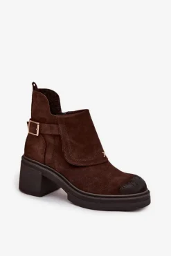 Zazoo Botki Skórzane|Botki Na Słupku*Botki Z Naturalnego Zamszu Ocieplane 1156 Czekoladowe