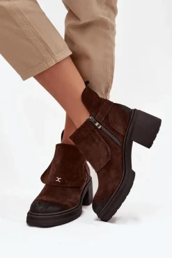 Zazoo Botki Skórzane|Botki Na Słupku*Botki Z Naturalnego Zamszu Ocieplane 1156 Czekoladowe
