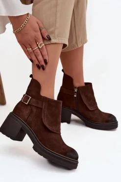 Zazoo Botki Skórzane|Botki Na Słupku*Botki Z Naturalnego Zamszu Ocieplane 1156 Czekoladowe
