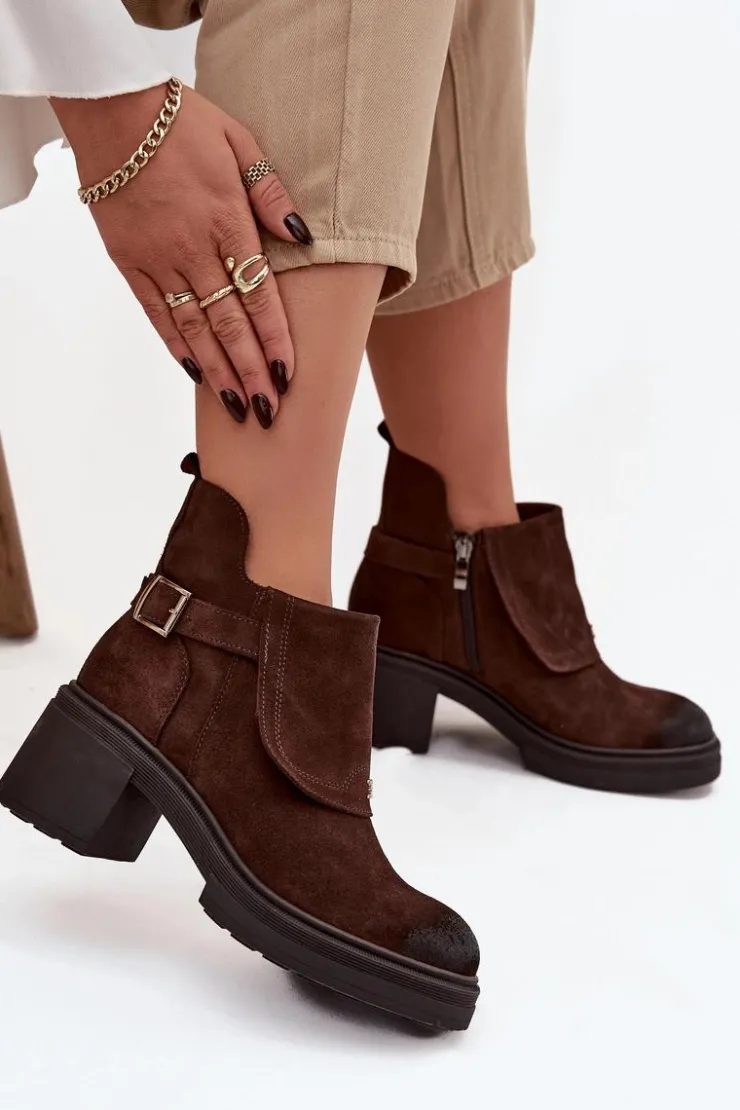 Zazoo Botki Skórzane|Botki Na Słupku*Botki Z Naturalnego Zamszu Ocieplane 1156 Czekoladowe