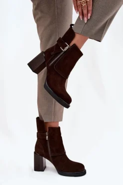 Damskie Buty damskie Vinceza Botki Z Naturalnego Zamszu Na Słupku Z Klamrą Vinceza 91152 Czekoladowe