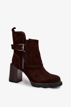 Damskie Buty damskie Vinceza Botki Z Naturalnego Zamszu Na Słupku Z Klamrą Vinceza 91152 Czekoladowe