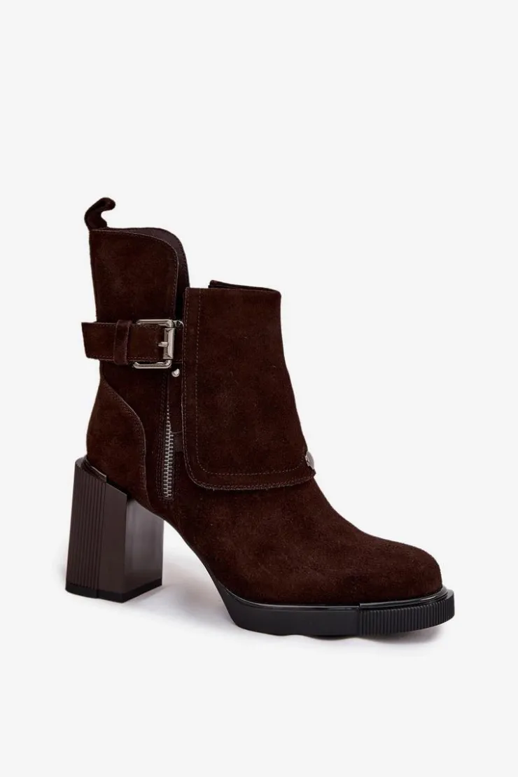 Damskie Buty damskie Vinceza Botki Z Naturalnego Zamszu Na Słupku Z Klamrą Vinceza 91152 Czekoladowe