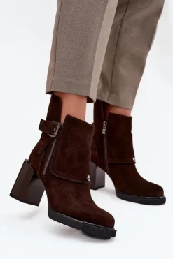 Damskie Buty damskie Vinceza Botki Z Naturalnego Zamszu Na Słupku Z Klamrą Vinceza 91152 Czekoladowe