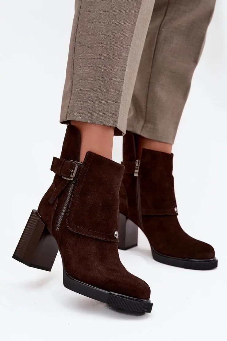 Damskie Buty damskie Vinceza Botki Z Naturalnego Zamszu Na Słupku Z Klamrą Vinceza 91152 Czekoladowe