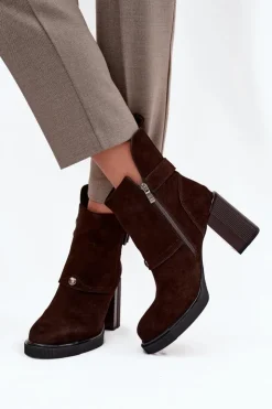 Damskie Buty damskie Vinceza Botki Z Naturalnego Zamszu Na Słupku Z Klamrą Vinceza 91152 Czekoladowe