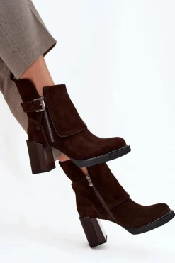 Damskie Buty damskie Vinceza Botki Z Naturalnego Zamszu Na Słupku Z Klamrą Vinceza 91152 Czekoladowe