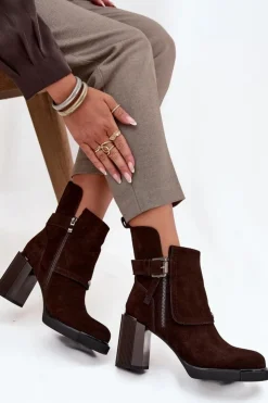 Damskie Buty damskie Vinceza Botki Z Naturalnego Zamszu Na Słupku Z Klamrą Vinceza 91152 Czekoladowe