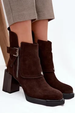 Damskie Buty damskie Vinceza Botki Z Naturalnego Zamszu Na Słupku Z Klamrą Vinceza 91152 Czekoladowe