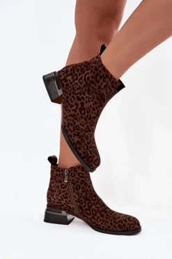 D&A Botki Ocieplane|Botki Skórzane*Botki Z Naturalnego Zamszu Na Klocku Panterka JC52-852 Brązowe
