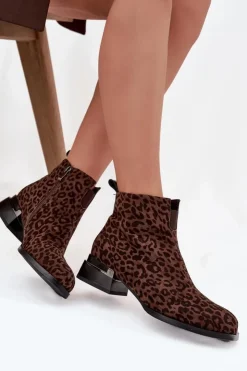 D&A Botki Ocieplane|Botki Skórzane*Botki Z Naturalnego Zamszu Na Klocku Panterka JC52-852 Brązowe