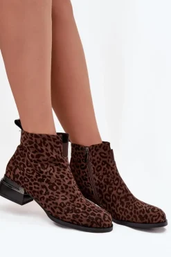 D&A Botki Ocieplane|Botki Skórzane*Botki Z Naturalnego Zamszu Na Klocku Panterka JC52-852 Brązowe