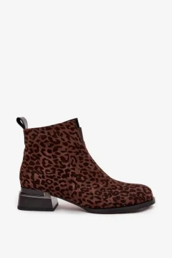 D&A Botki Ocieplane|Botki Skórzane*Botki Z Naturalnego Zamszu Na Klocku Panterka JC52-852 Brązowe