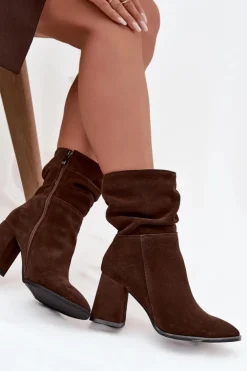 Damskie Zazoo Botki Z Naturalnego Zamszu Ocieplane Na Słupku Z Marszczeniem 4216 Czekoladowe