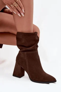 Damskie Zazoo Botki Z Naturalnego Zamszu Ocieplane Na Słupku Z Marszczeniem 4216 Czekoladowe