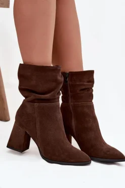 Damskie Zazoo Botki Z Naturalnego Zamszu Ocieplane Na Słupku Z Marszczeniem 4216 Czekoladowe