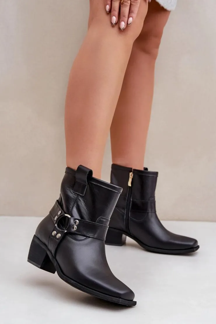 Zazoo Botki Z Naturalnej Skóry Na Obcasie 3444/2 Czarne Czarny