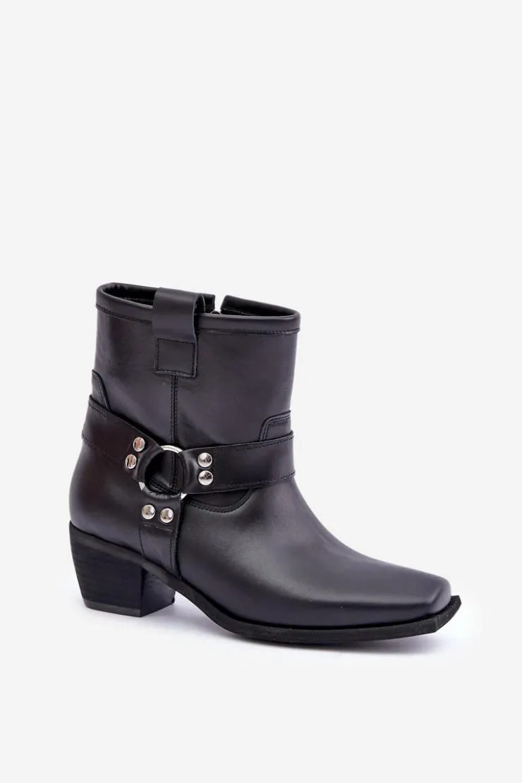 Zazoo Botki Z Naturalnej Skóry Na Obcasie 3444/2 Czarne Czarny