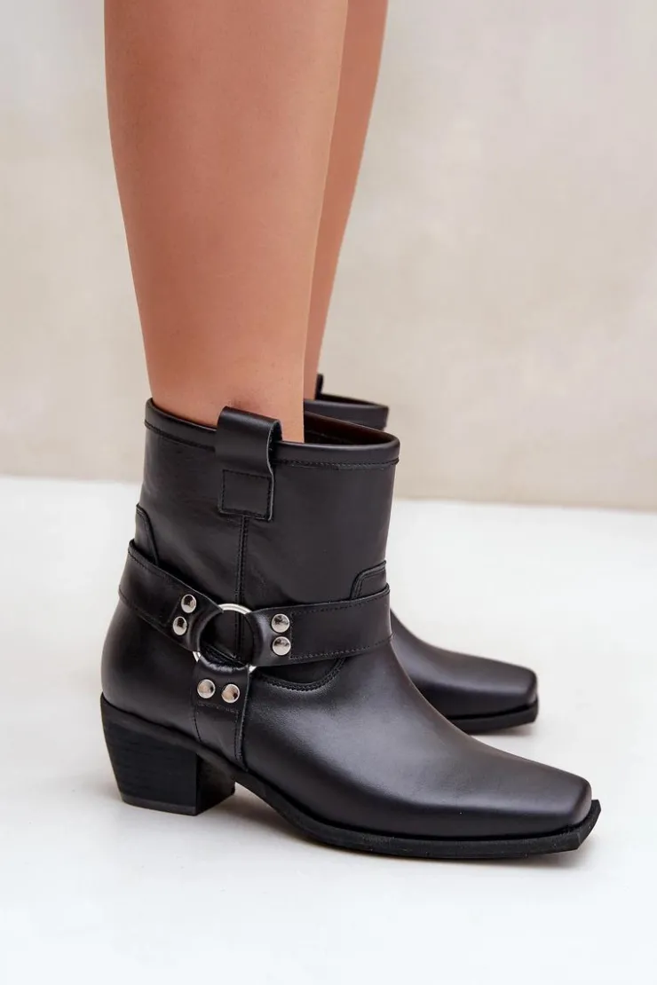 Zazoo Botki Z Naturalnej Skóry Na Obcasie 3444/2 Czarne Czarny