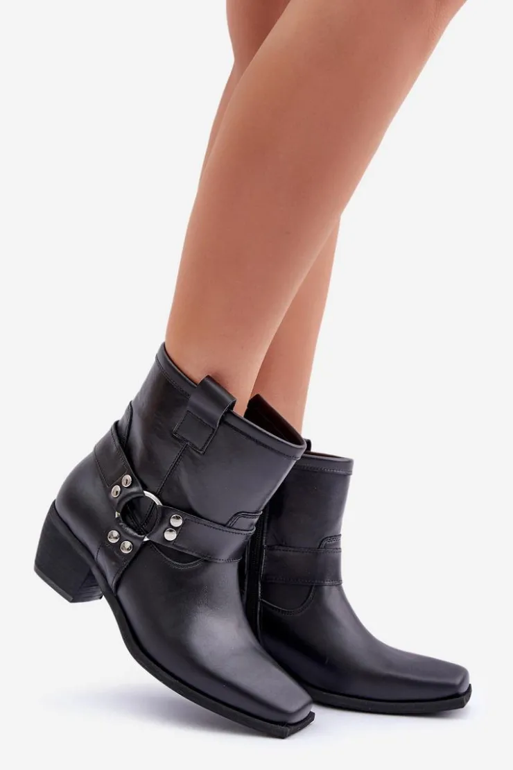 Zazoo Botki Z Naturalnej Skóry Na Obcasie 3444/2 Czarne Czarny